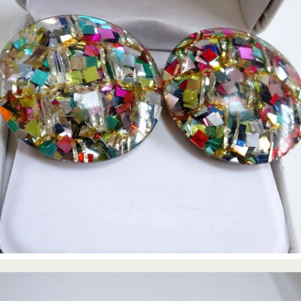 Huge Vibrant Vintage 1960 Confetti Button Earrings! All the colors and the WOW!